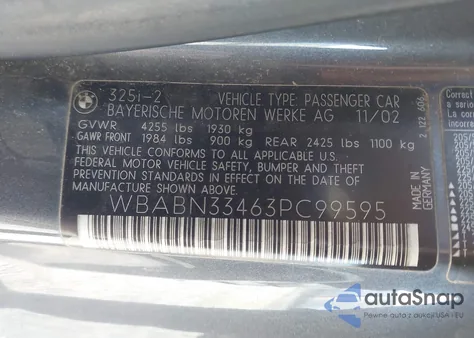 2003 BMW 325Ci из США, поврежденный, VIN WBABN33463PC99595